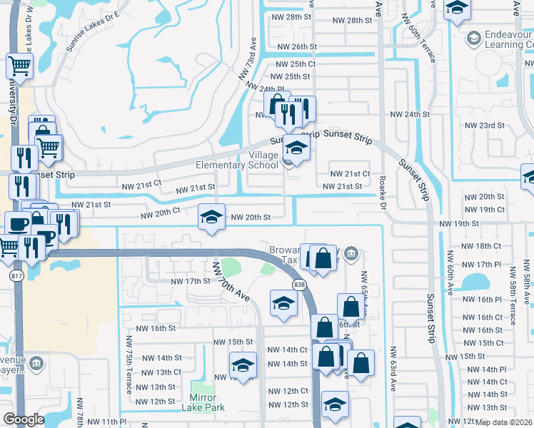 map of restaurants, bars, coffee shops, grocery stores, and more near 7130 Northwest 20th Court in Sunrise