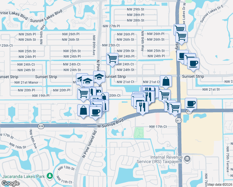 map of restaurants, bars, coffee shops, grocery stores, and more near 8600 Northwest 86th Avenue in Sunrise