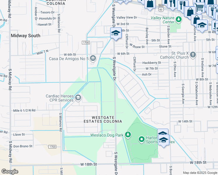 map of restaurants, bars, coffee shops, grocery stores, and more near 1001 Mile 6 Road West in Weslaco