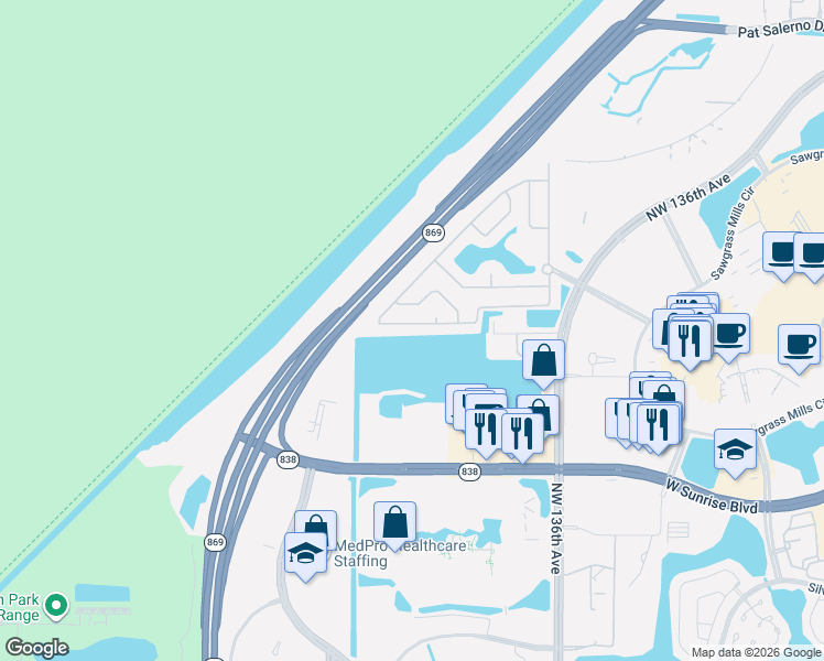 map of restaurants, bars, coffee shops, grocery stores, and more near 13832 Northwest 22nd Street in Sunrise