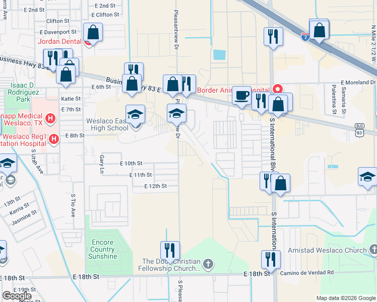 map of restaurants, bars, coffee shops, grocery stores, and more near 2327 Camelot Drive in Weslaco
