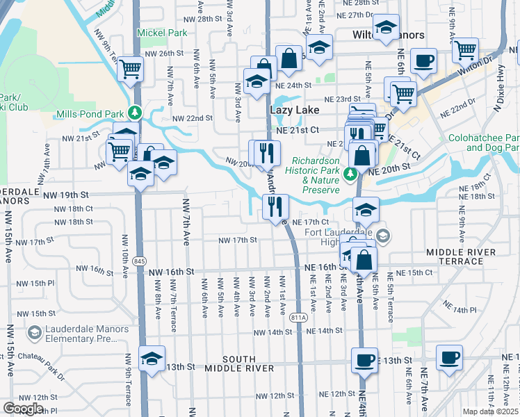 map of restaurants, bars, coffee shops, grocery stores, and more near 3550 North Andrews Avenue Extension in Fort Lauderdale