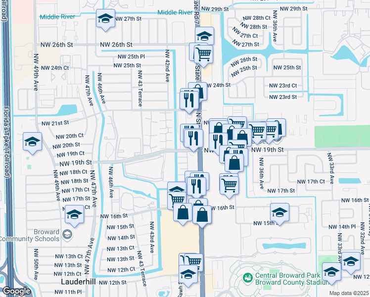 map of restaurants, bars, coffee shops, grocery stores, and more near 4041 Northwest 19th Street in Lauderhill