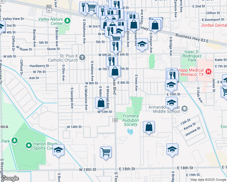 map of restaurants, bars, coffee shops, grocery stores, and more near 875 South Texas Boulevard in Weslaco