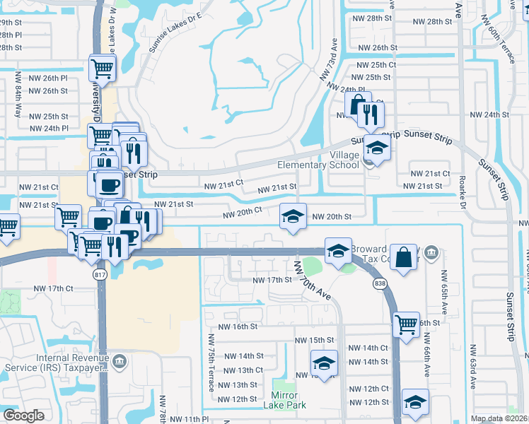 map of restaurants, bars, coffee shops, grocery stores, and more near 2031 Northwest 76th Avenue in Plantation