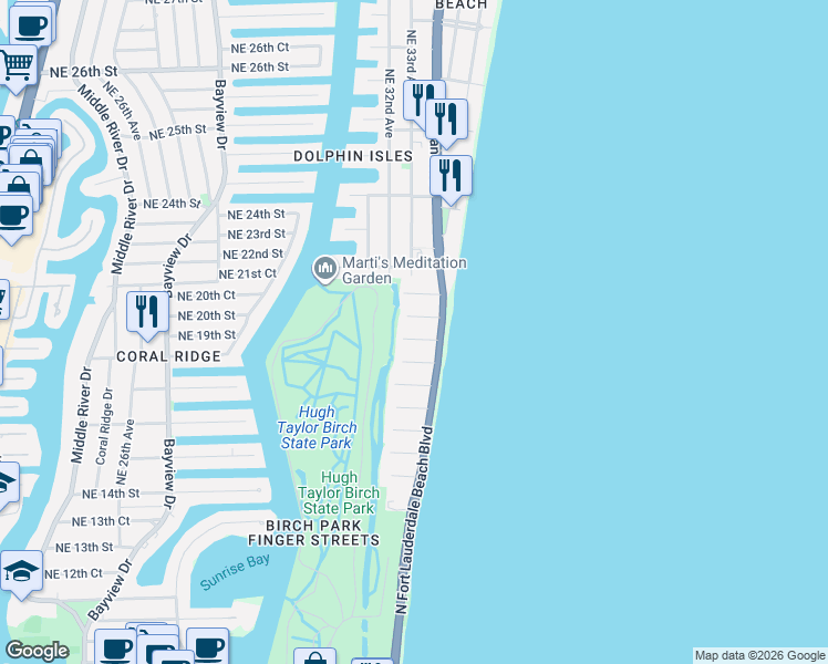 map of restaurants, bars, coffee shops, grocery stores, and more near 1711 North Fort Lauderdale Beach Boulevard in Fort Lauderdale