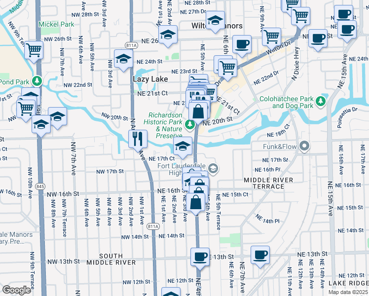 map of restaurants, bars, coffee shops, grocery stores, and more near 1732 Northeast 3rd Avenue in Fort Lauderdale