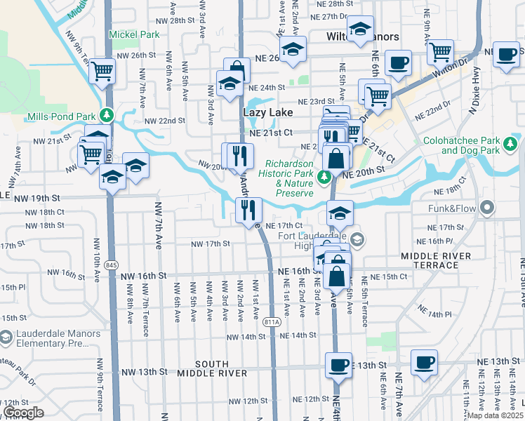 map of restaurants, bars, coffee shops, grocery stores, and more near 1800 North Andrews Avenue in Fort Lauderdale
