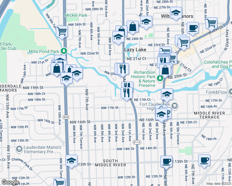 map of restaurants, bars, coffee shops, grocery stores, and more near 1752 Northwest 3rd Terrace in Fort Lauderdale