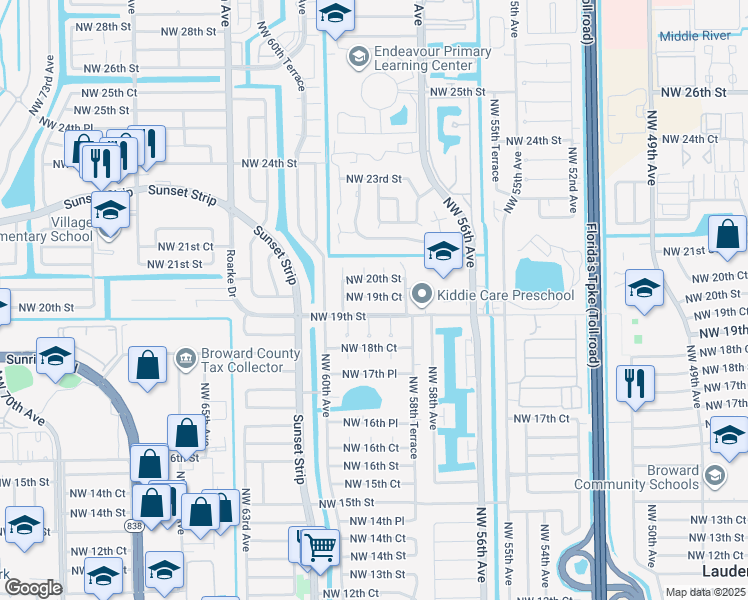 map of restaurants, bars, coffee shops, grocery stores, and more near 5915 Northwest 19th Court in Lauderhill