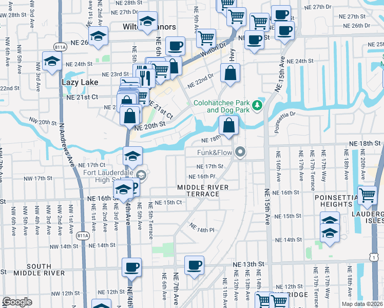 map of restaurants, bars, coffee shops, grocery stores, and more near 743 Northeast 17th Court in Fort Lauderdale