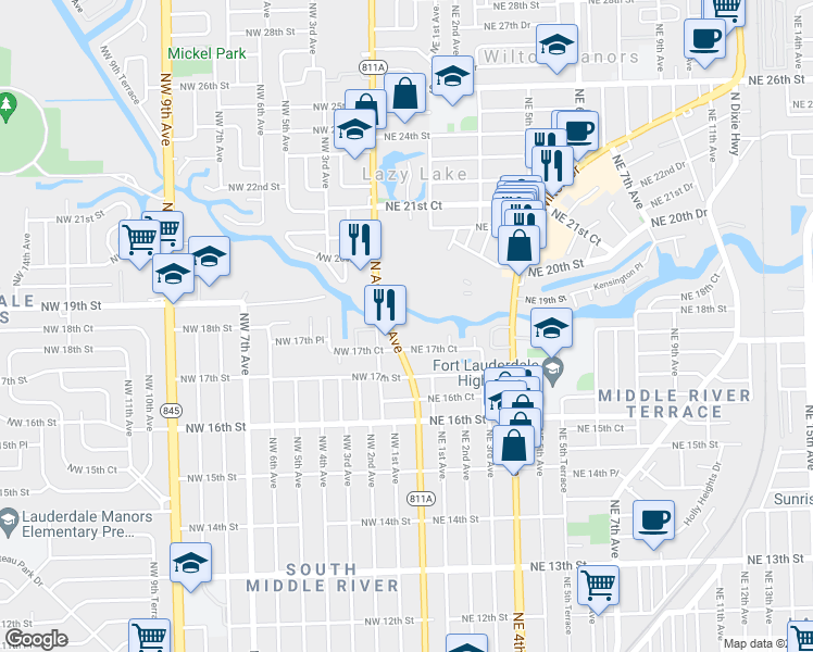 map of restaurants, bars, coffee shops, grocery stores, and more near 1800 North Andrews Avenue in Fort Lauderdale