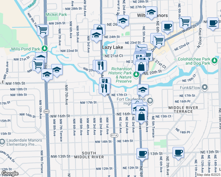 map of restaurants, bars, coffee shops, grocery stores, and more near 1800 North Andrews Avenue in Fort Lauderdale