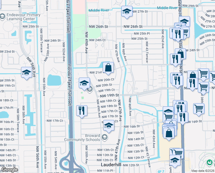 map of restaurants, bars, coffee shops, grocery stores, and more near 4770 Northwest 20th Street in Lauderhill