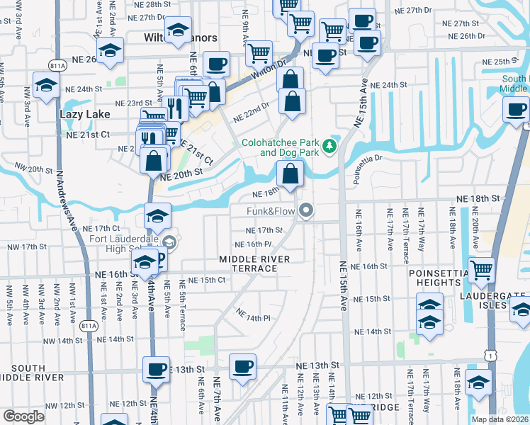 map of restaurants, bars, coffee shops, grocery stores, and more near 913 Northeast 17th Court in Fort Lauderdale