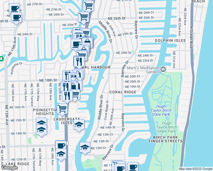 map of restaurants, bars, coffee shops, grocery stores, and more near 1826 Coral Ridge Drive in Fort Lauderdale