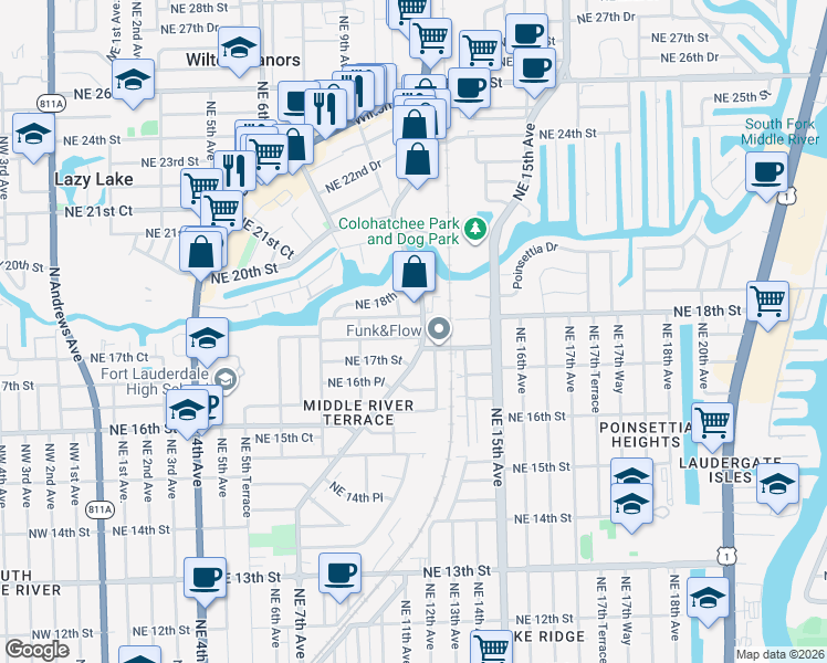 map of restaurants, bars, coffee shops, grocery stores, and more near 1151 Northeast 17th Court in Fort Lauderdale