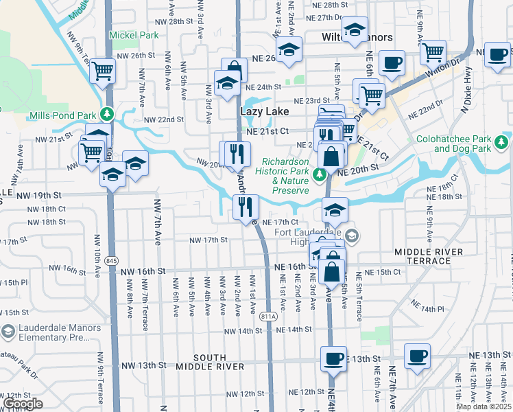map of restaurants, bars, coffee shops, grocery stores, and more near 1800 North Andrews Avenue in Fort Lauderdale