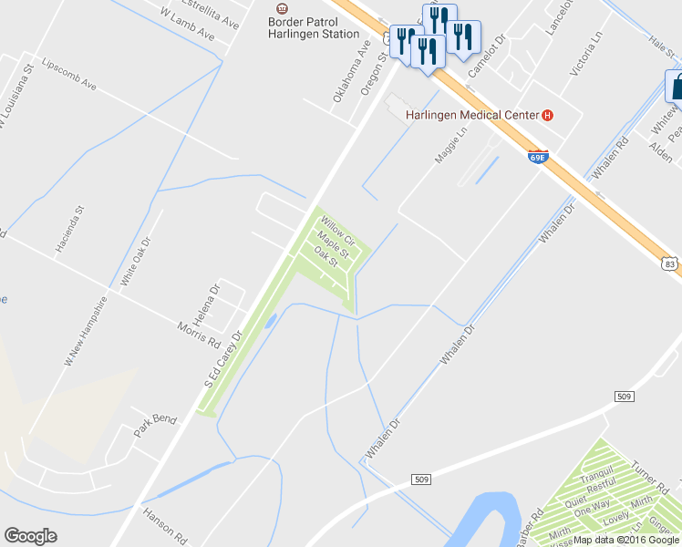 map of restaurants, bars, coffee shops, grocery stores, and more near 1330 Oak Street in Harlingen