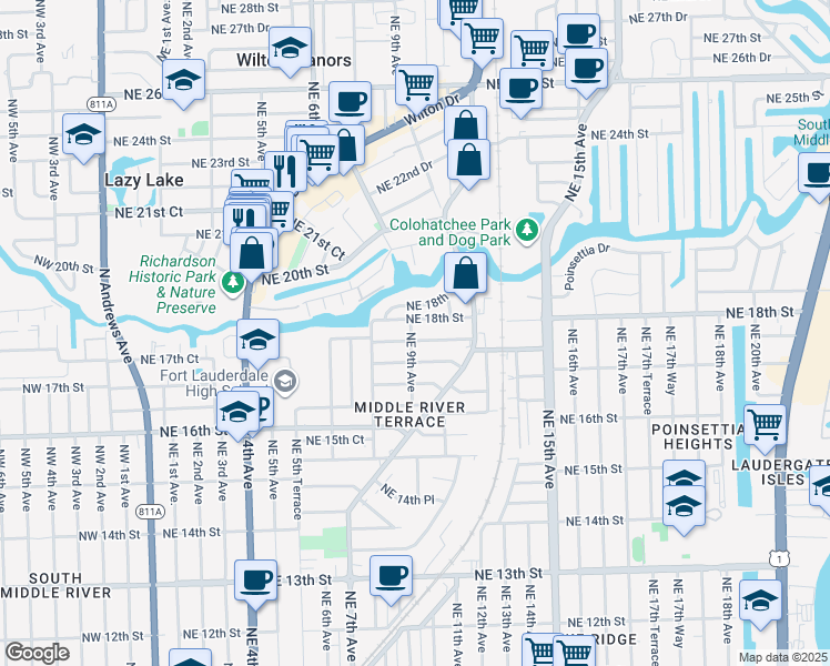 map of restaurants, bars, coffee shops, grocery stores, and more near 834 Northeast 18th Street in Fort Lauderdale