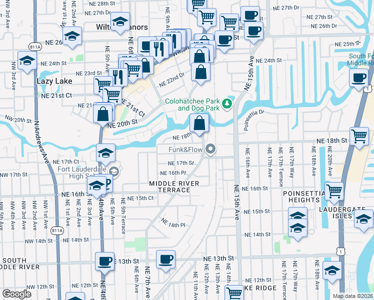 map of restaurants, bars, coffee shops, grocery stores, and more near 1015 Northeast 17th Court in Fort Lauderdale