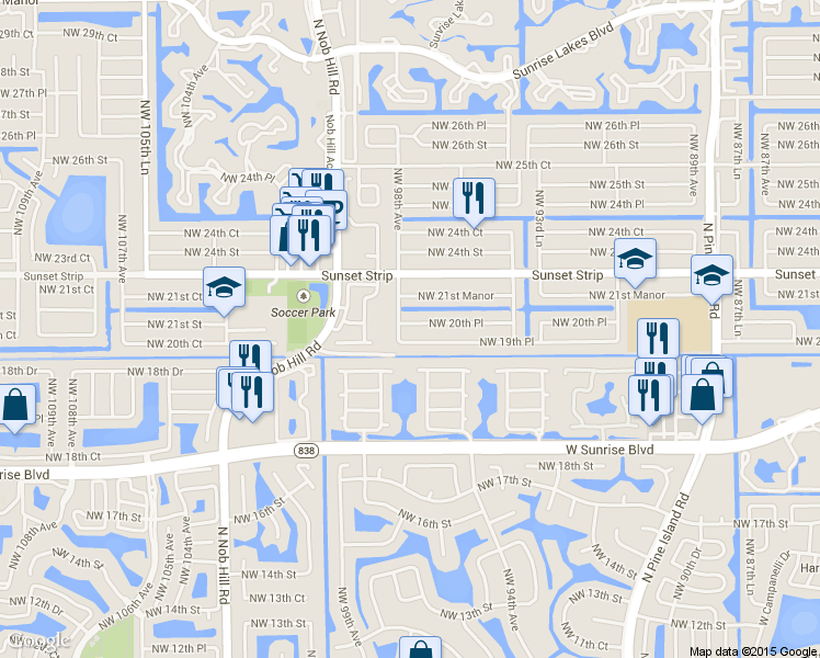 map of restaurants, bars, coffee shops, grocery stores, and more near 9770 Northwest 20th Place in Sunrise