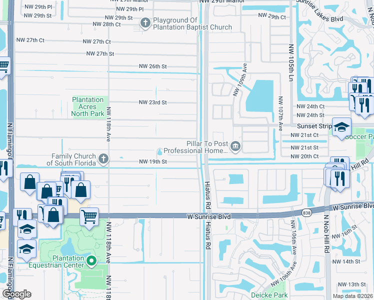 map of restaurants, bars, coffee shops, grocery stores, and more near 11261 Northwest 19th Court in Plantation