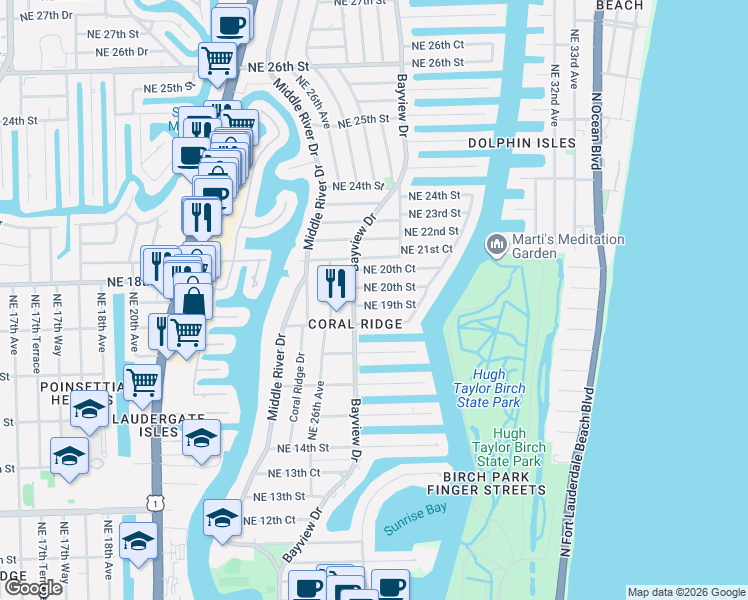 map of restaurants, bars, coffee shops, grocery stores, and more near 2729 Northeast 19th Street in Fort Lauderdale