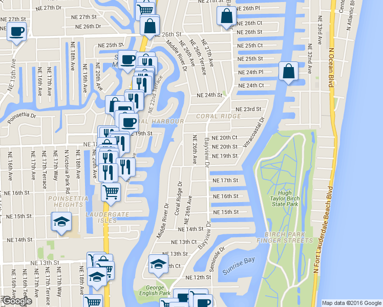 map of restaurants, bars, coffee shops, grocery stores, and more near 1826 Coral Ridge Drive in Fort Lauderdale