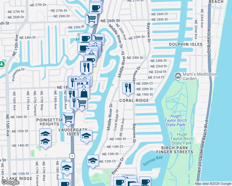 map of restaurants, bars, coffee shops, grocery stores, and more near 1826 Coral Ridge Drive in Fort Lauderdale
