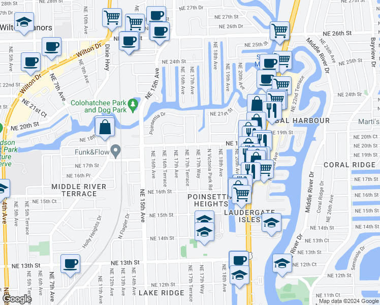 map of restaurants, bars, coffee shops, grocery stores, and more near 1737 Northeast 17th Terrace in Fort Lauderdale