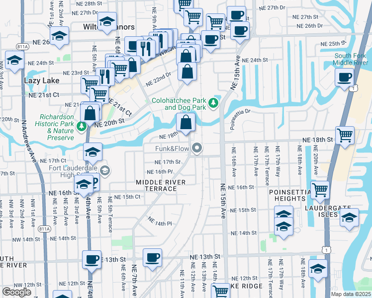 map of restaurants, bars, coffee shops, grocery stores, and more near 1015 Northeast 17th Court in Fort Lauderdale