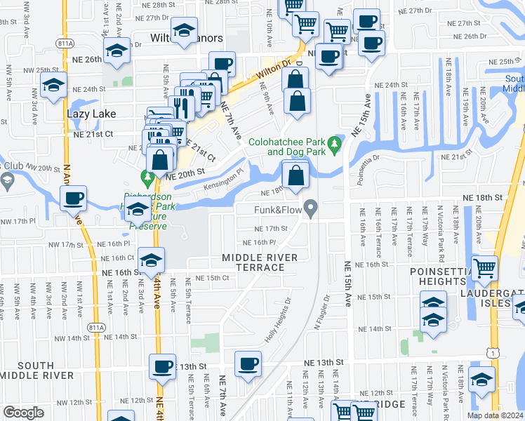 map of restaurants, bars, coffee shops, grocery stores, and more near 834 Northeast 18th Street in Fort Lauderdale
