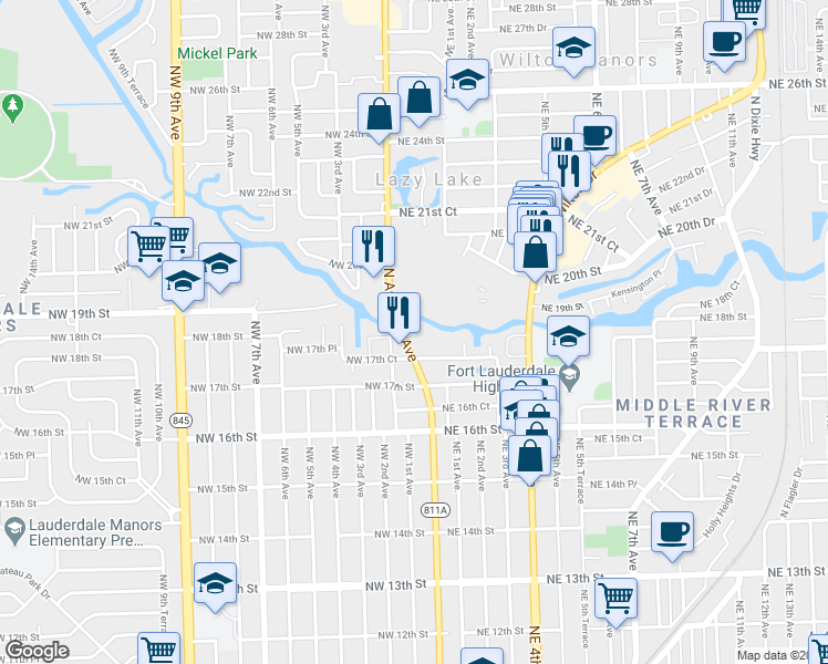 map of restaurants, bars, coffee shops, grocery stores, and more near 1800 North Andrews Avenue in Fort Lauderdale