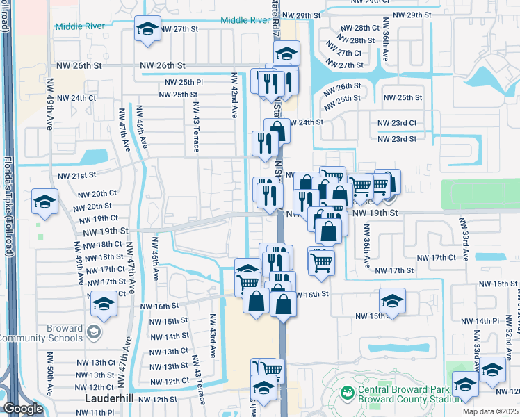 map of restaurants, bars, coffee shops, grocery stores, and more near 4041 Northwest 19th Street in Lauderhill