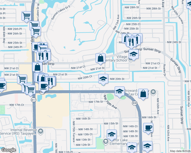 map of restaurants, bars, coffee shops, grocery stores, and more near 2031 Northwest 76th Avenue in Plantation