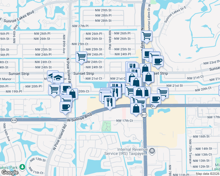 map of restaurants, bars, coffee shops, grocery stores, and more near 8480 Northwest 21st Street in Sunrise