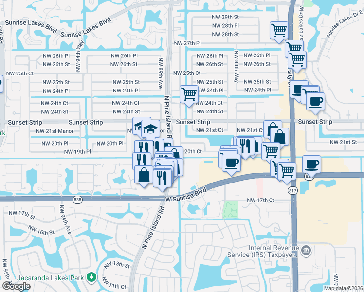 map of restaurants, bars, coffee shops, grocery stores, and more near 8740 Northwest 21st Street in Sunrise