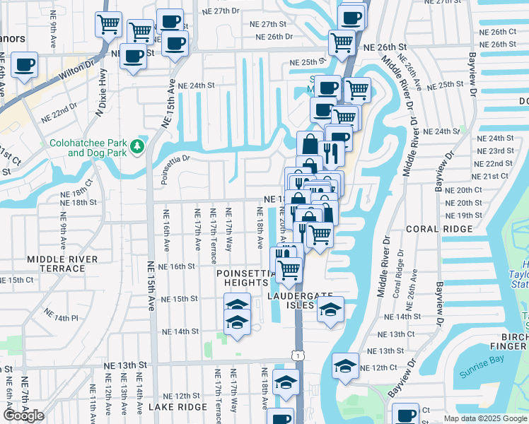 map of restaurants, bars, coffee shops, grocery stores, and more near 1730 Northeast 18th Avenue in Fort Lauderdale