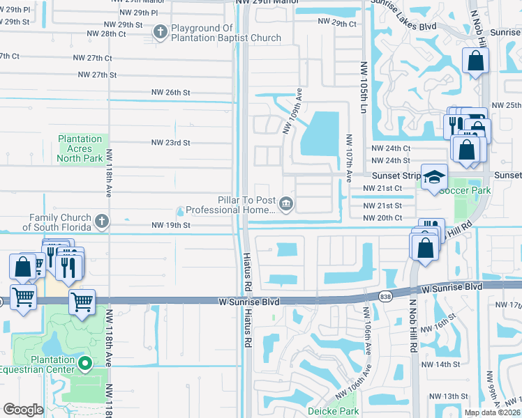 map of restaurants, bars, coffee shops, grocery stores, and more near 11041 Northwest 20th Court in Sunrise