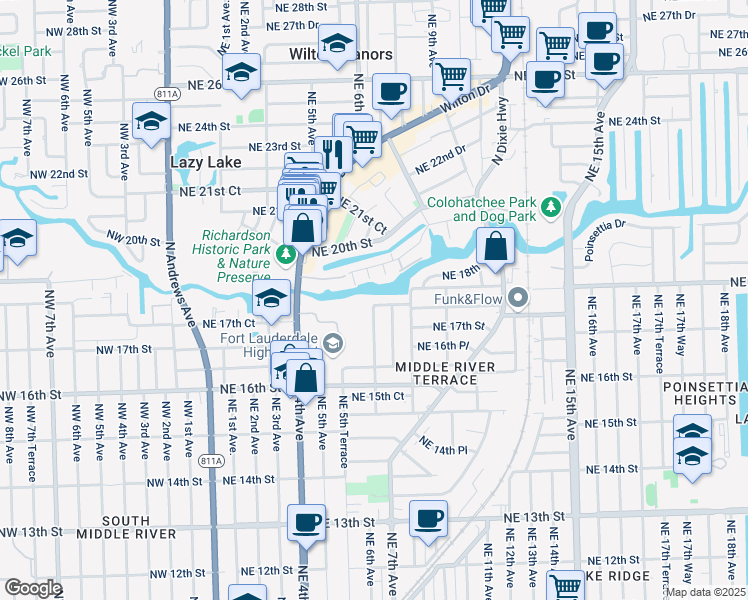 map of restaurants, bars, coffee shops, grocery stores, and more near 701 Northeast 17th Court in Fort Lauderdale