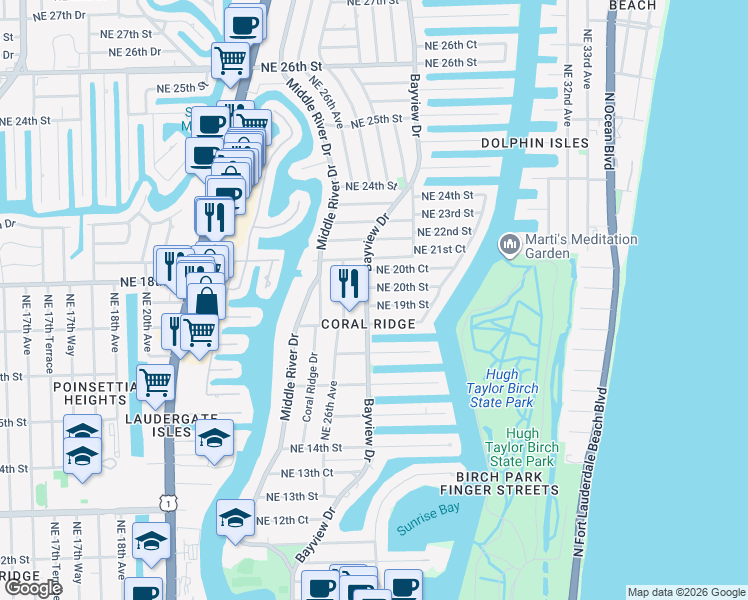 map of restaurants, bars, coffee shops, grocery stores, and more near 1900 Bayview Drive in Fort Lauderdale