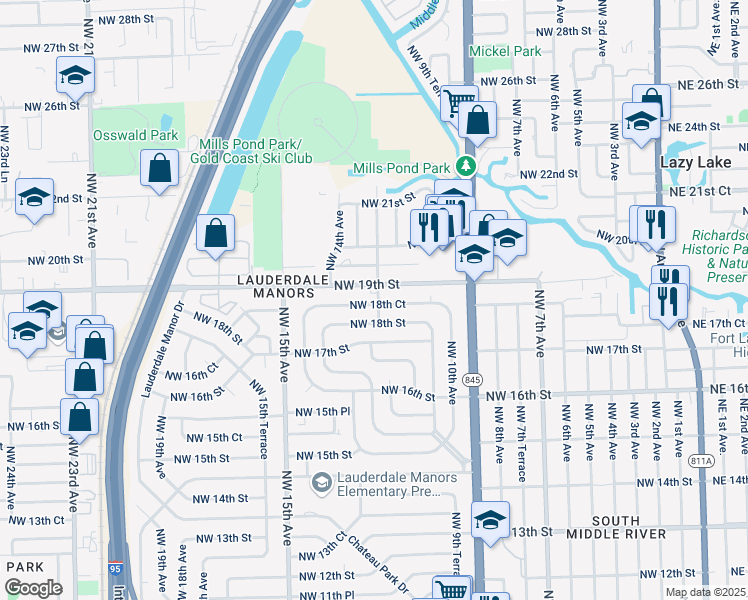 map of restaurants, bars, coffee shops, grocery stores, and more near 1201 Northwest 18th Court in Fort Lauderdale