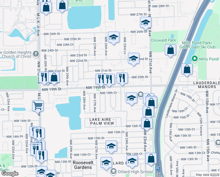 map of restaurants, bars, coffee shops, grocery stores, and more near 2550 Northwest 19th Street in Fort Lauderdale