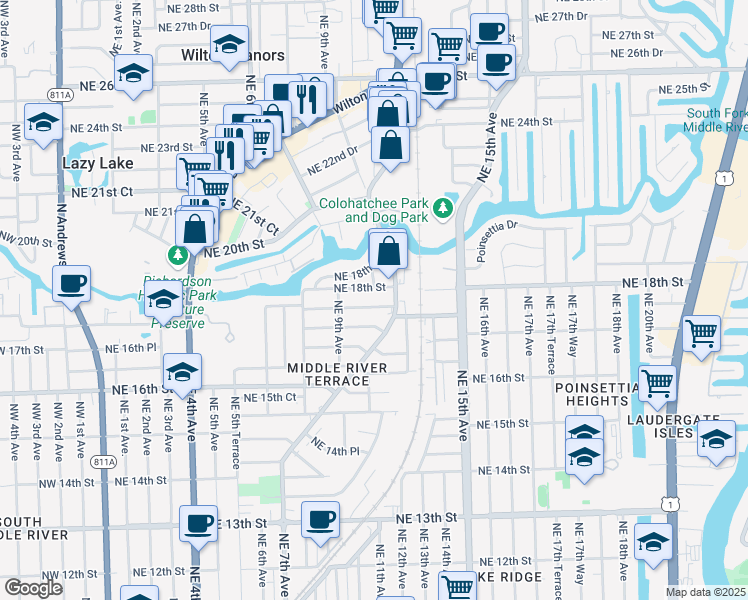 map of restaurants, bars, coffee shops, grocery stores, and more near 1015 Northeast 17th Court in Fort Lauderdale