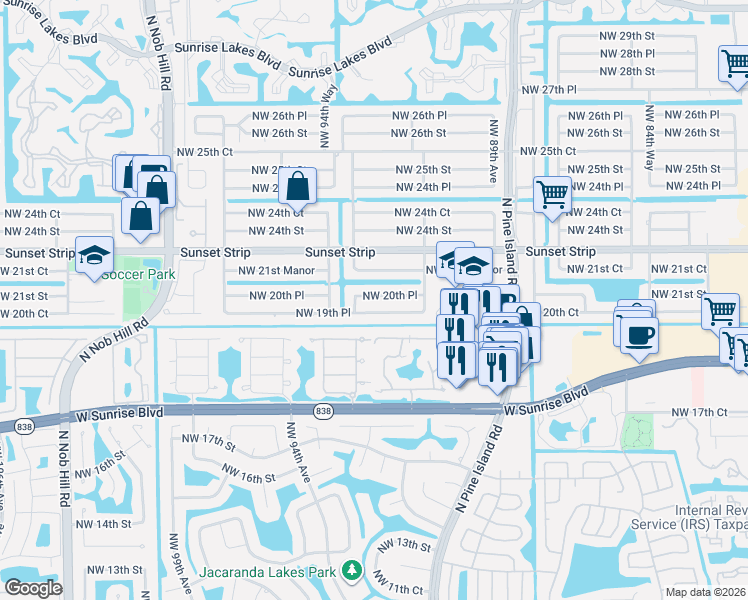 map of restaurants, bars, coffee shops, grocery stores, and more near 9340 Northwest 20th Place in Sunrise