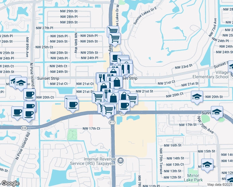 map of restaurants, bars, coffee shops, grocery stores, and more near 2071 Northwest 82nd Way in Sunrise