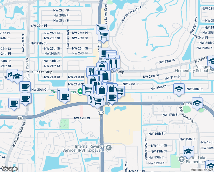 map of restaurants, bars, coffee shops, grocery stores, and more near 2071 Northwest 82nd Way in Sunrise