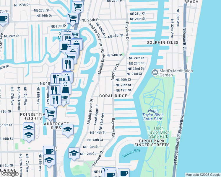 map of restaurants, bars, coffee shops, grocery stores, and more near 1911 Bayview Drive in Fort Lauderdale