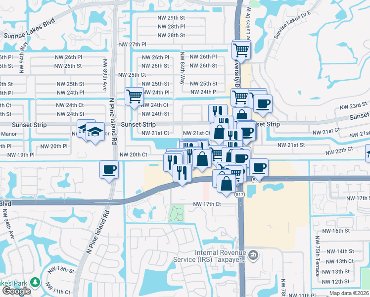 map of restaurants, bars, coffee shops, grocery stores, and more near 8480 Northwest 21st Street in Sunrise